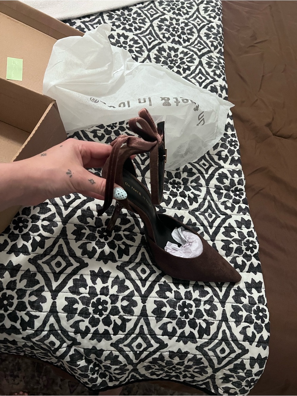 SHEIN Brown Suede Pointed Toe Ankle bow Tie Heels